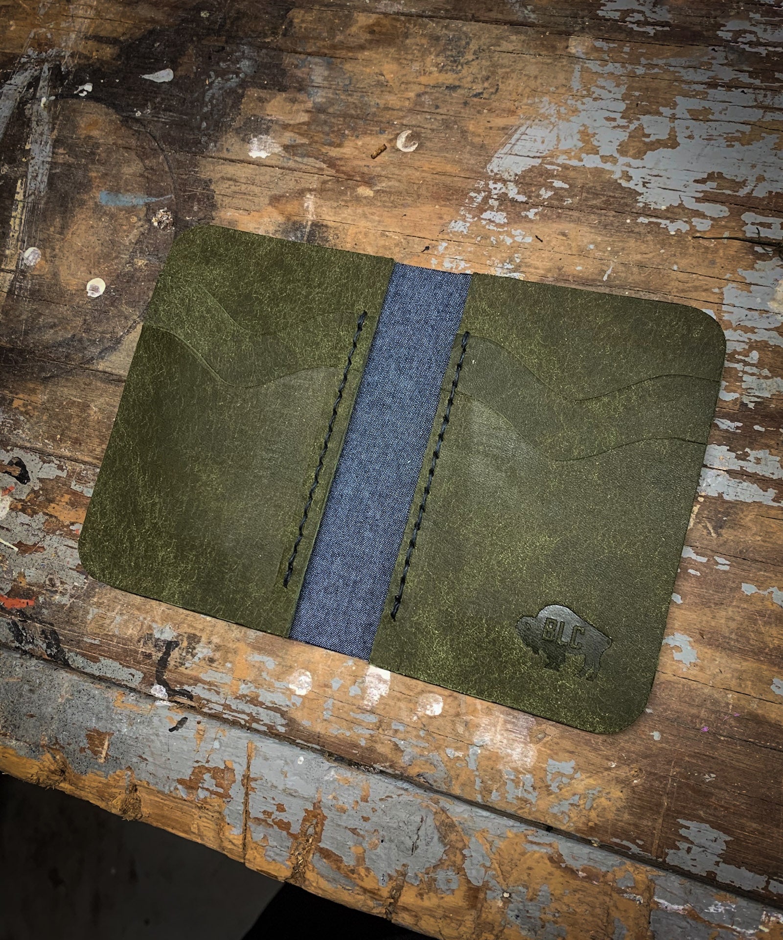 Olive Leather & Indigo Chambray Wallet